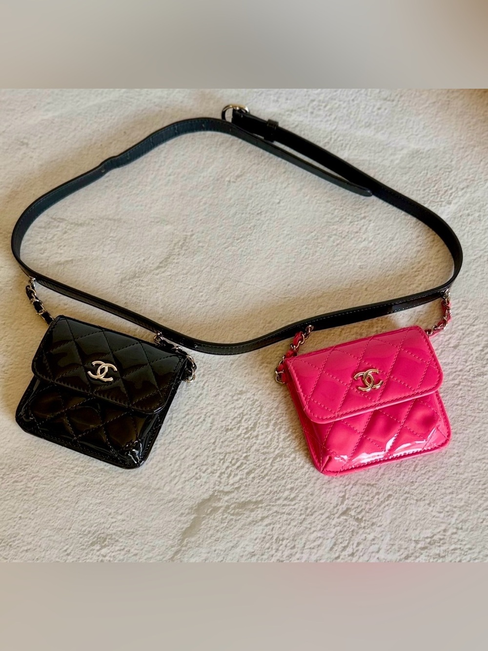 Chanel Black & Pink Patent Double Mini Flap Belt Bag Authentic